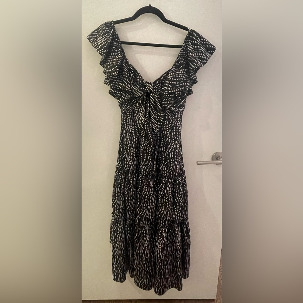 Cinq a Sept Black and White Ruffled Midi Dress